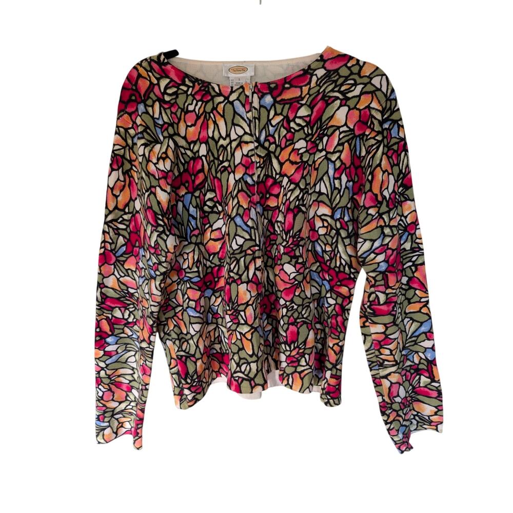 100% Cotton Stained Glass Floral Zip Up Sweater Cardigan Womens Size L